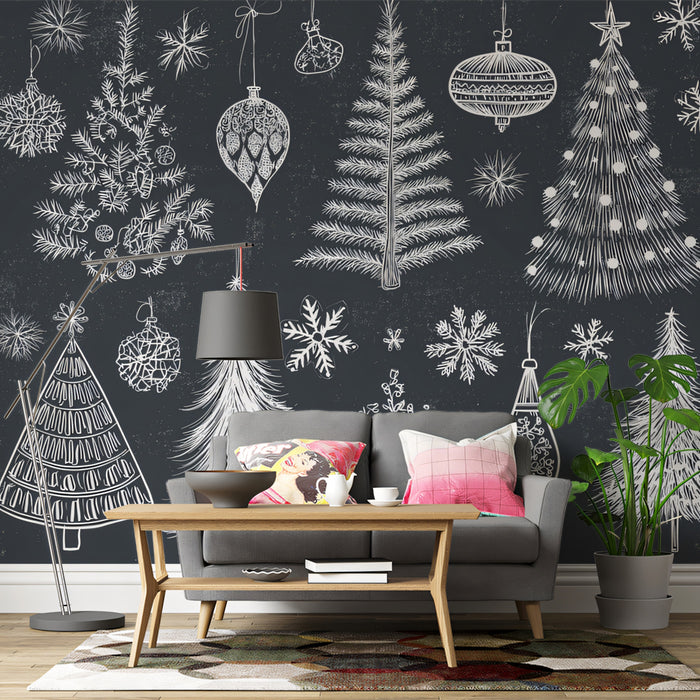 Chalkboard Christmas Sketch Mural Wallpaper | White on Black Contrast, Hand-Drawn Holiday Collage