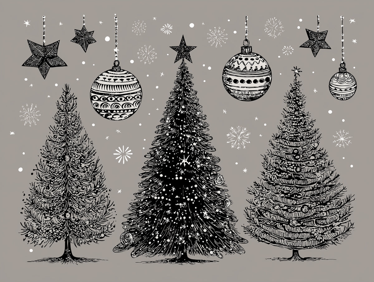 Engraved Christmas Tree Trio Mural Wallpaper | Monochromatic Gray, Vintage Sketch, Ornate Ornaments