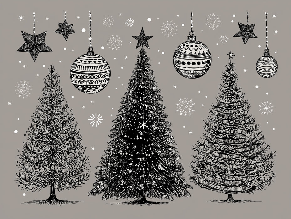Engraved Christmas Tree Trio Mural Wallpaper | Monochromatic Gray, Vintage Sketch, Ornate Ornaments
