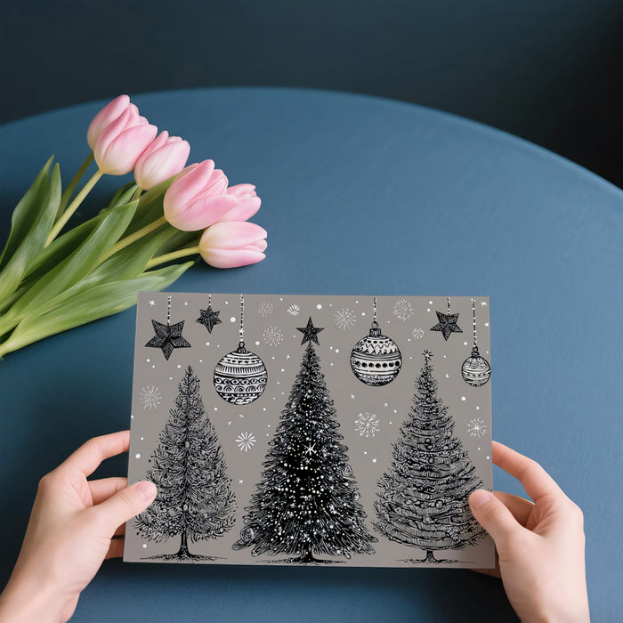 Engraved Christmas Tree Trio Mural Wallpaper | Monochromatic Gray, Vintage Sketch, Ornate Ornaments