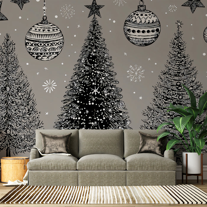Engraved Christmas Tree Trio Mural Wallpaper | Monochromatic Gray, Vintage Sketch, Ornate Ornaments