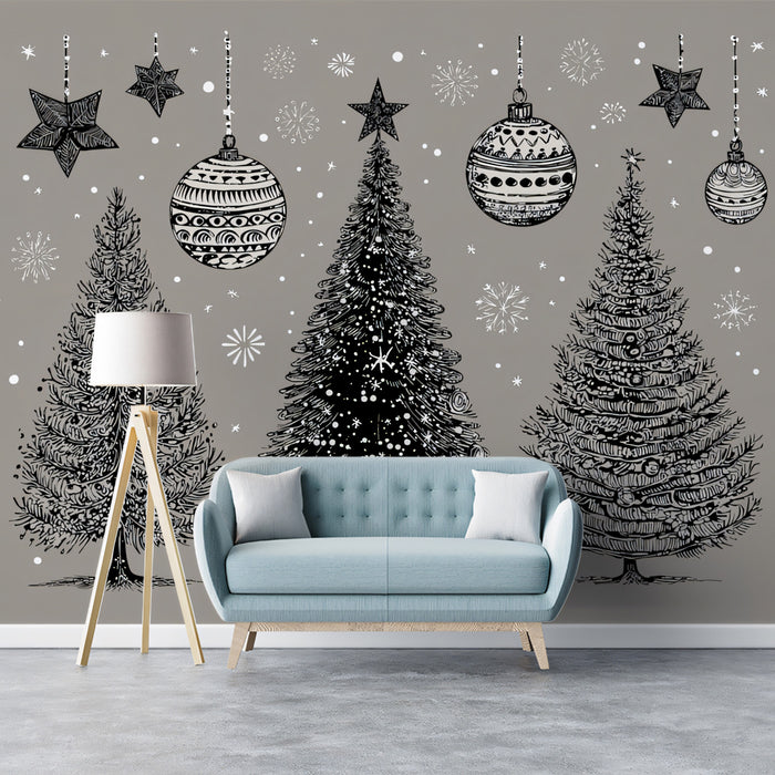 Engraved Christmas Tree Trio Mural Wallpaper | Monochromatic Gray, Vintage Sketch, Ornate Ornaments