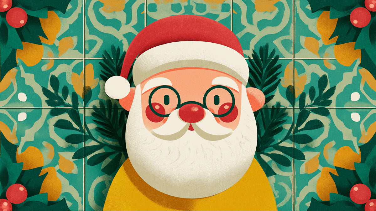 Santa Face and Portuguese Tile Mural Wallpaper | Geometric Floral Background, Teal and Red Contrast, Funky