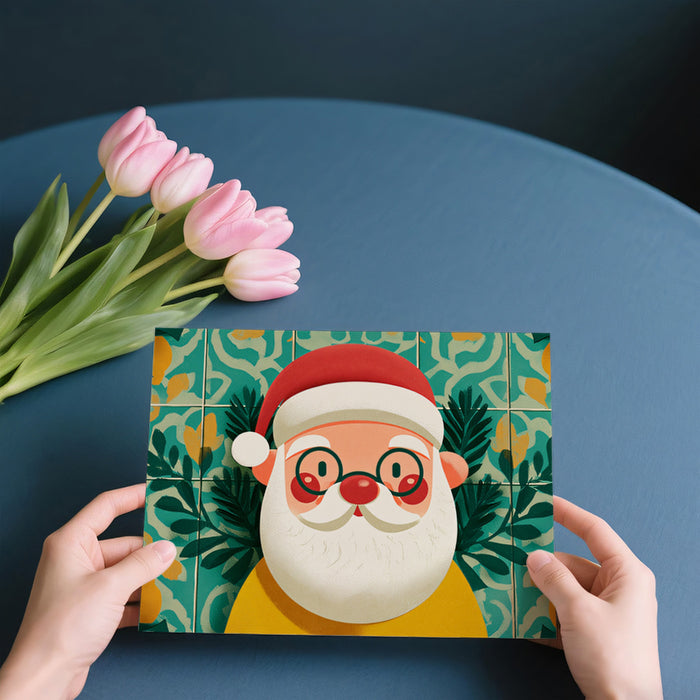 Santa Face and Portuguese Tile Mural Wallpaper | Geometric Floral Background, Teal and Red Contrast, Funky