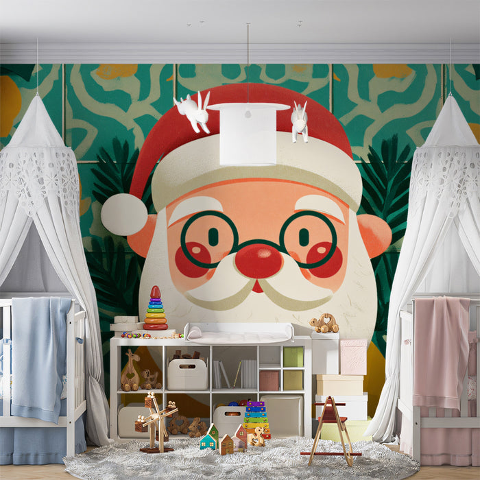 Santa Face and Portuguese Tile Mural Wallpaper | Geometric Floral Background, Teal and Red Contrast, Funky