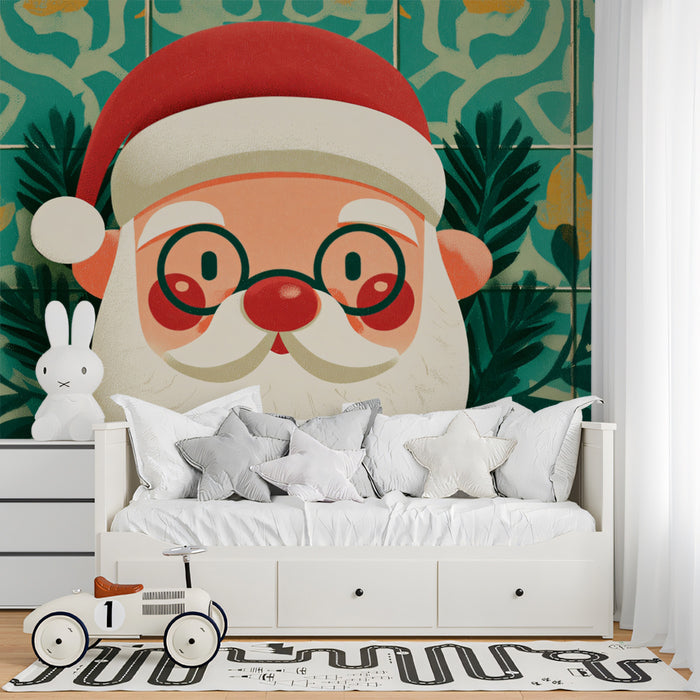 Santa Face and Portuguese Tile Mural Wallpaper | Geometric Floral Background, Teal and Red Contrast, Funky