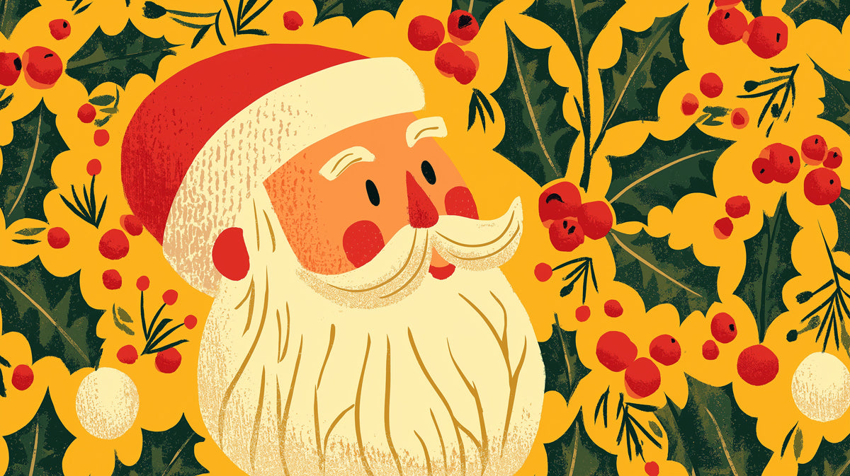 Close-Up Santa and Holly Portrait Mural Wallpaper | Rich Gold and Green, Pop Art Style, Maximalist