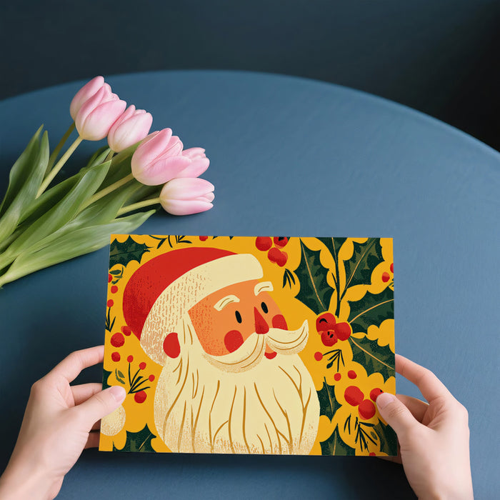 Close-Up Santa and Holly Portrait Mural Wallpaper | Rich Gold and Green, Pop Art Style, Maximalist