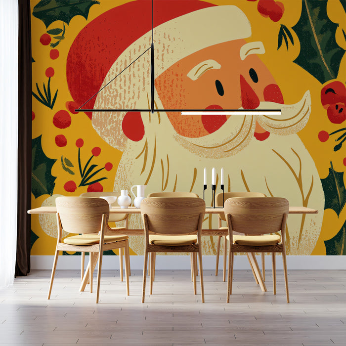 Close-Up Santa and Holly Portrait Mural Wallpaper | Rich Gold and Green, Pop Art Style, Maximalist