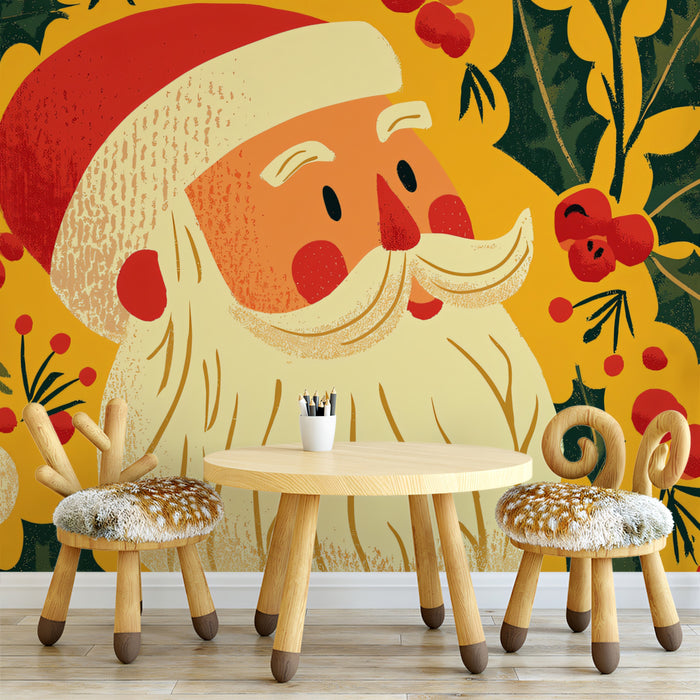 Close-Up Santa and Holly Portrait Mural Wallpaper | Rich Gold and Green, Pop Art Style, Maximalist