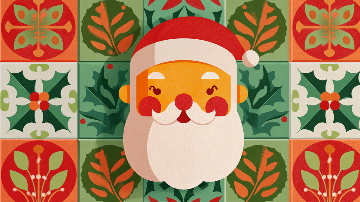 Santa Head and Geometric Tile Mural Wallpaper | Graphic Design, Modern Folk Art, Orderly Christmas