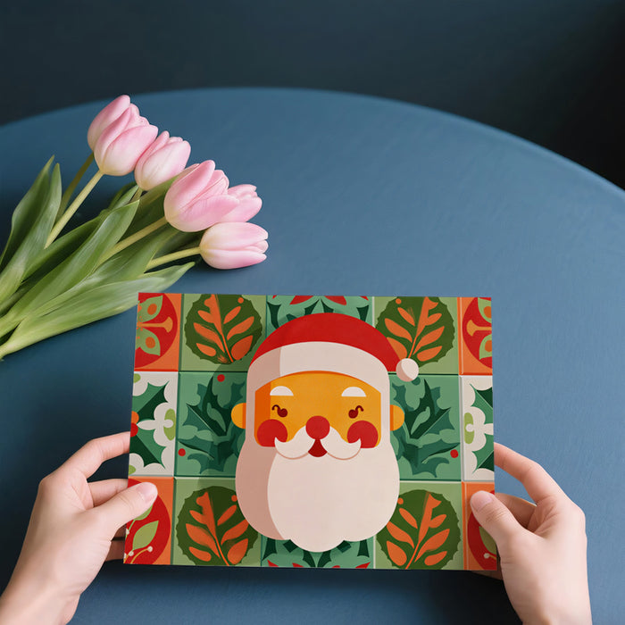 Santa Head and Geometric Tile Mural Wallpaper | Graphic Design, Modern Folk Art, Orderly Christmas