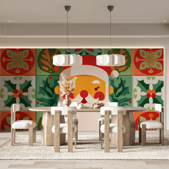 Santa Head and Geometric Tile Mural Wallpaper | Graphic Design, Modern Folk Art, Orderly Christmas