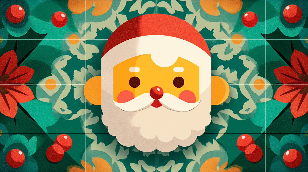 Stylized Santa and Poinsettia Tile Mural Wallpaper | Rich Teal and Red Palette, Geometric Motif
