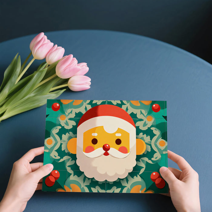 Stylized Santa and Poinsettia Tile Mural Wallpaper | Rich Teal and Red Palette, Geometric Motif