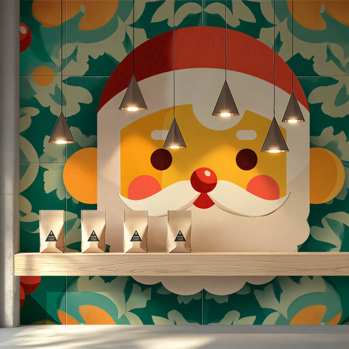 Stylized Santa and Poinsettia Tile Mural Wallpaper | Rich Teal and Red Palette, Geometric Motif