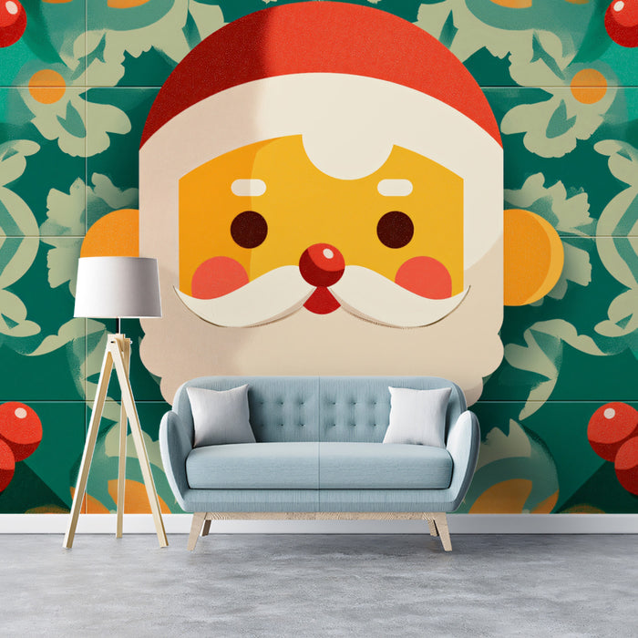 Stylized Santa and Poinsettia Tile Mural Wallpaper | Rich Teal and Red Palette, Geometric Motif