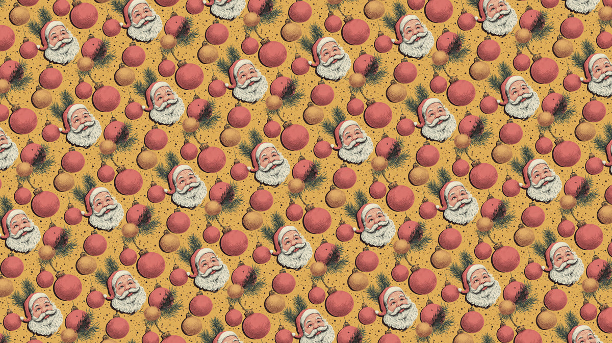 Vintage Santa and Ornament Repeat Mural Wallpaper | Sepia and Red Tones, Dense Nostalgic Pattern