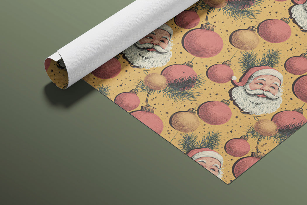 Vintage Santa and Ornament Repeat Mural Wallpaper | Sepia and Red Tones, Dense Nostalgic Pattern