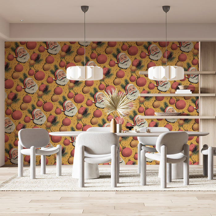 Vintage Santa and Ornament Repeat Mural Wallpaper | Sepia and Red Tones, Dense Nostalgic Pattern