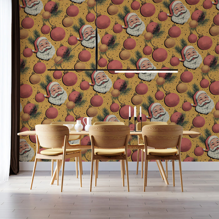 Vintage Santa and Ornament Repeat Mural Wallpaper | Sepia and Red Tones, Dense Nostalgic Pattern