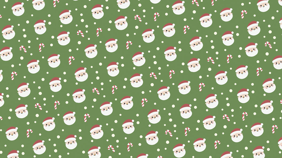 Cute Mini Santa and Candy Cane Scatter Wallpaper | Green Background, Playful, Simple Motif