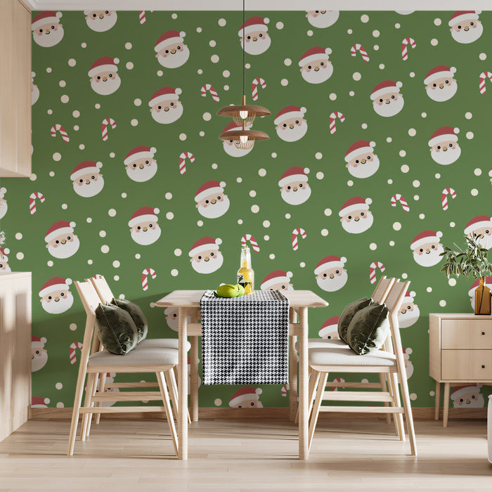 Cute Mini Santa and Candy Cane Scatter Wallpaper | Green Background, Playful, Simple Motif