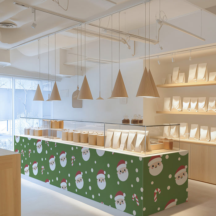 Cute Mini Santa and Candy Cane Scatter Wallpaper | Green Background, Playful, Simple Motif