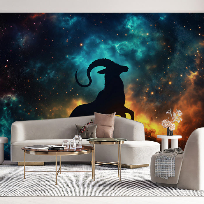 Capricorn - Galactic Goat Mural Wallpaper | Multicolored Cosmic Background, Silhouette