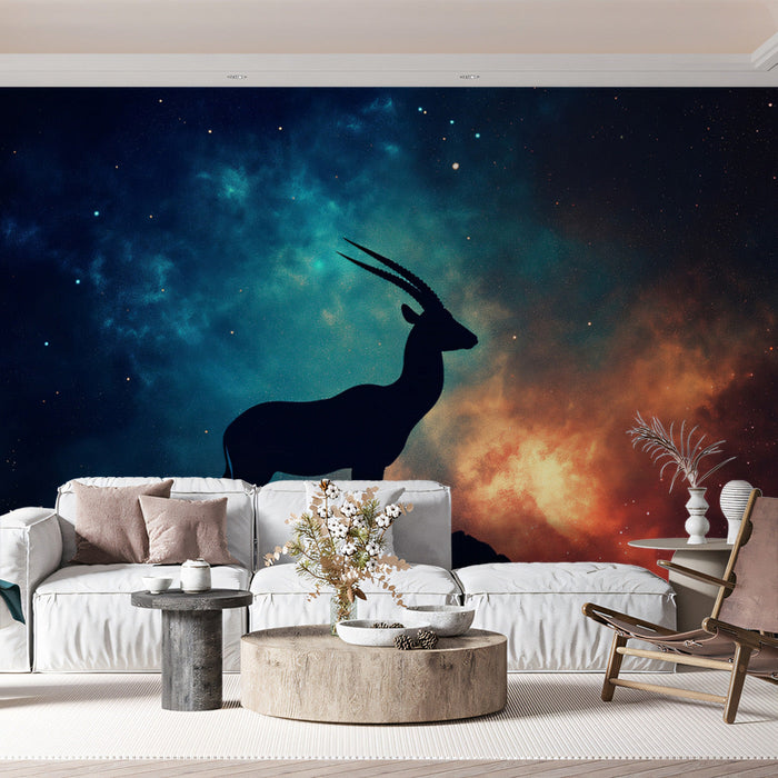 Capricorn - Celestial Antelope Mural Wallpaper | Cosmic Blues and Oranges, Black Silhouette