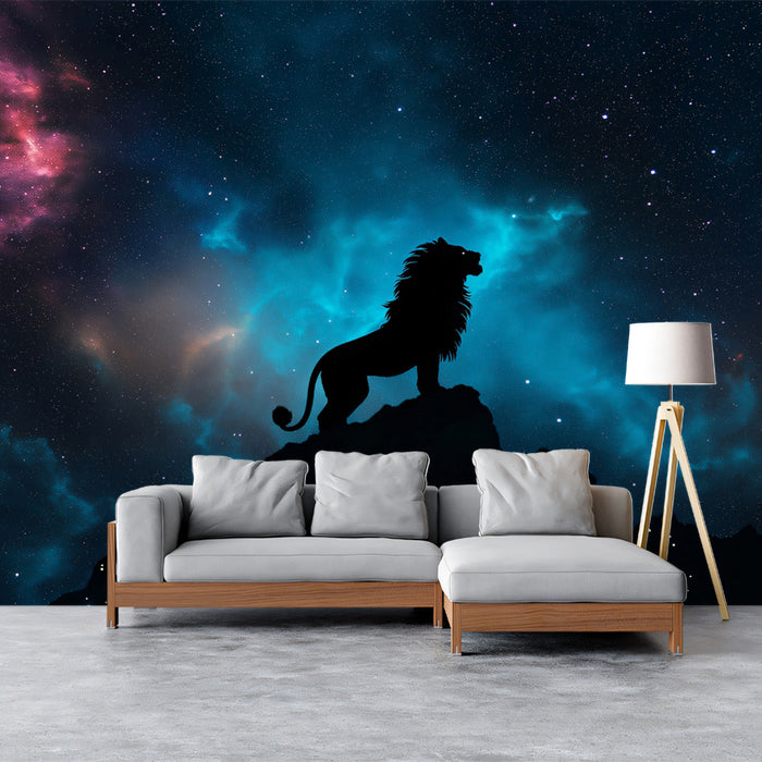 Leo - Galactic Lion Mural Wallpaper | Blue - Purple Cosmic, Black Silhouette