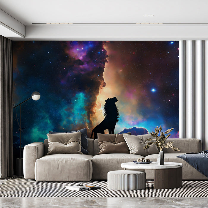 Leo - Galactic Lion Mural Wallpaper | Blue - Purple Cosmic, Black Silhouette