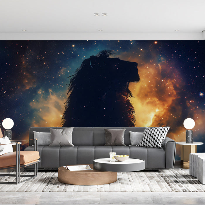 Leo - Celestial Lion Mural Wallpaper | Orange - Blue Cosmic, Black Silhouette