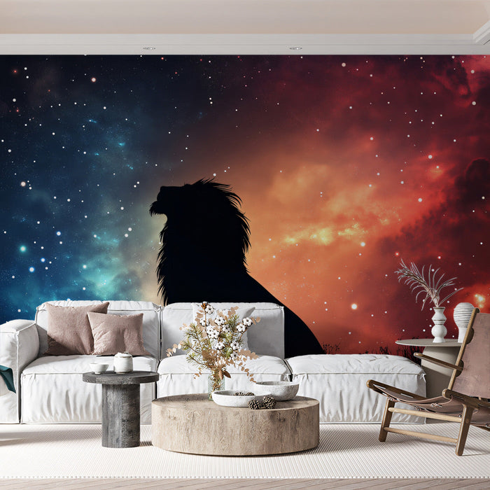 Leo - Cosmic Lion Mural Wallpaper | Multicolored Nebula, Black Lion Silhouette