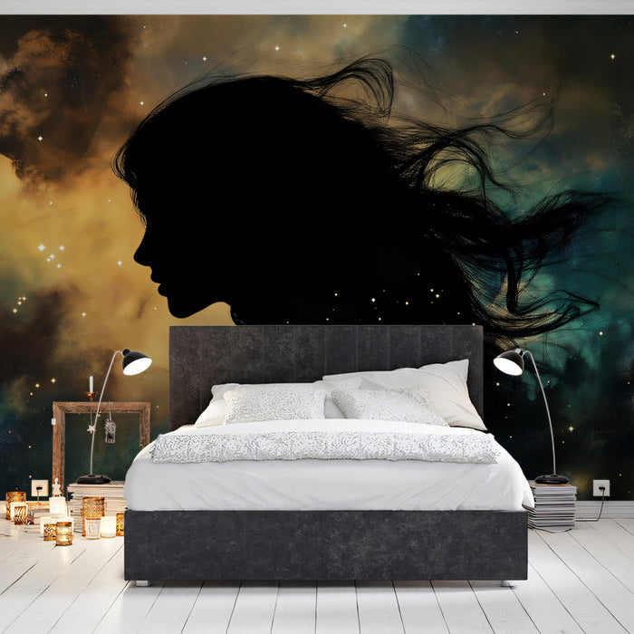 Virgo - Celestial Virgin Mural Wallpaper | Cosmic Clouds, Black Silhouette