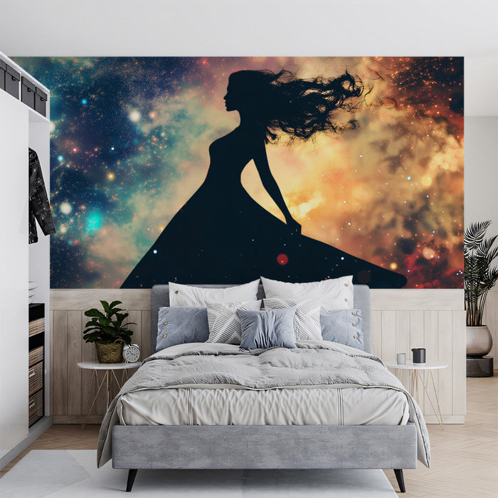 Virgo - Galactic Maiden Mural Wallpaper | Multicolored Galaxy, Black Silhouette