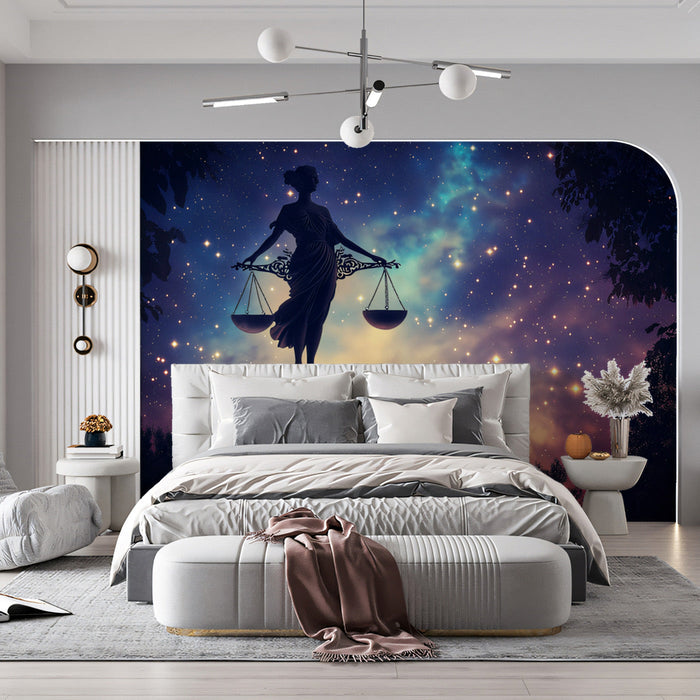 Libra - Stellar Scales Mural Wallpaper | Nebula - like Background, Black Silhouette