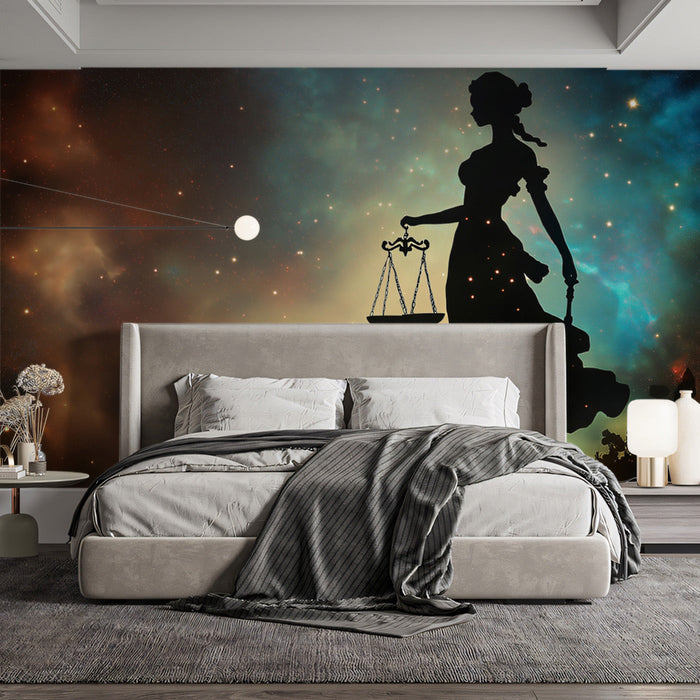 Libra - Stellar Scales Mural Wallpaper | Nebula - like Background, Black Silhouette