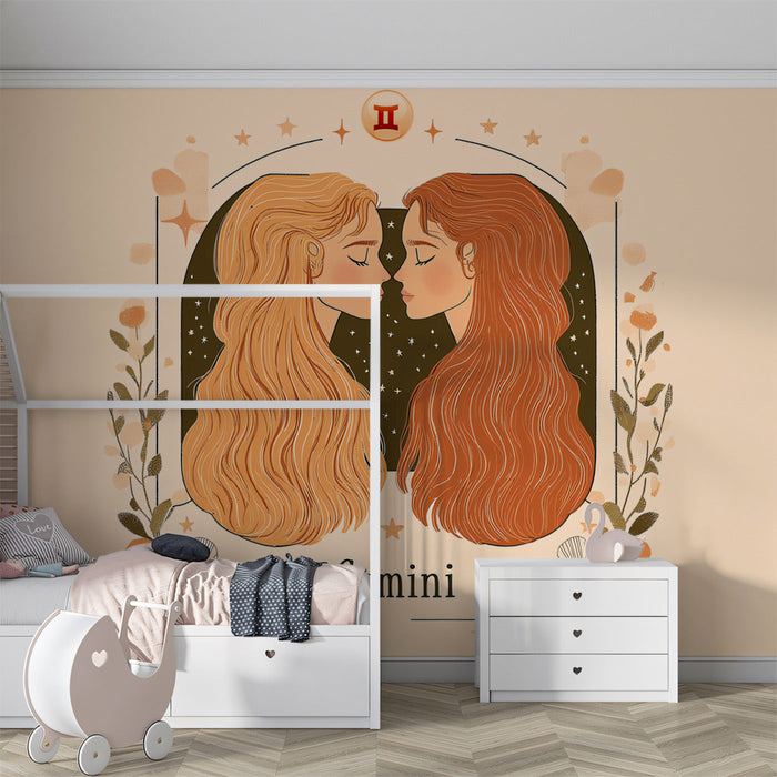 Gemini - Twin - Inspired Mural Wallpaper | Soft Pastels, Floral Accents
