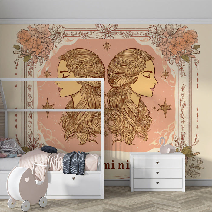 Gemini - Twin - Inspired Mural Wallpaper | Soft Pastels, Floral Accents