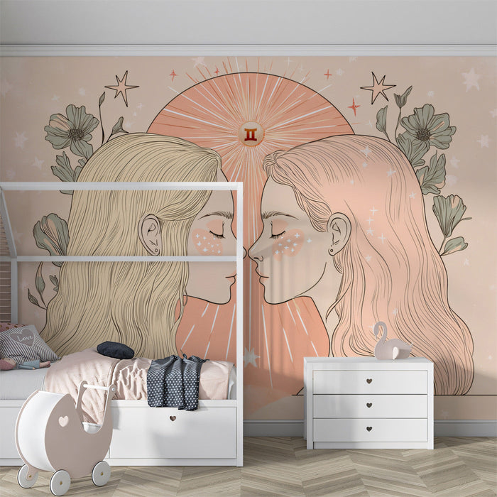 Gemini - Twin - Inspired Mural Wallpaper | Soft Pastels, Floral Accents
