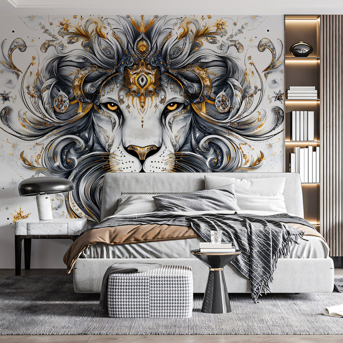 Leo - Regal Lion Mural Wallpaper | Gold, Gray, and Ornate Patterns