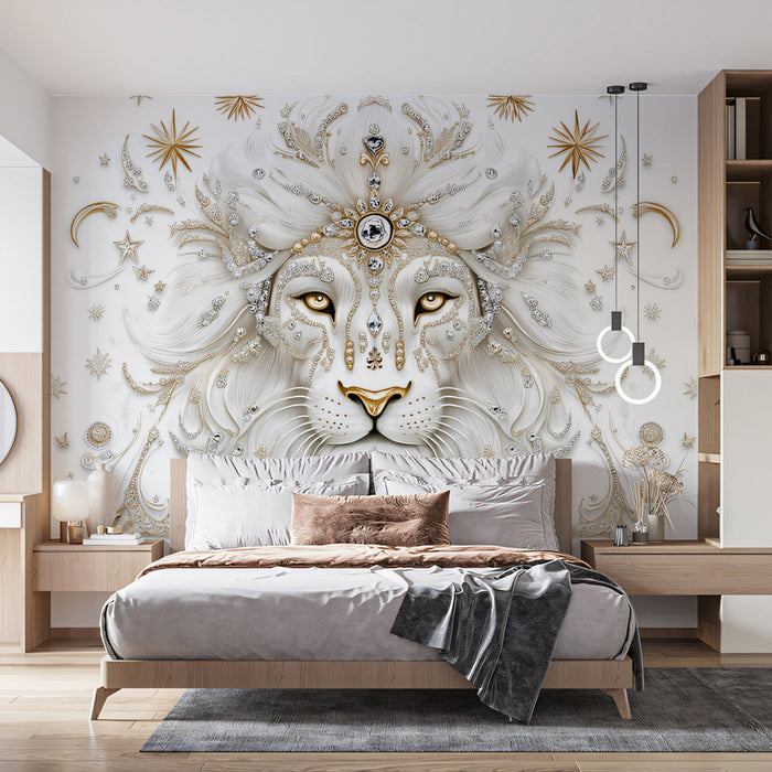Leo - Regal Lion Mural Wallpaper | Gold, Gray, and Ornate Patterns