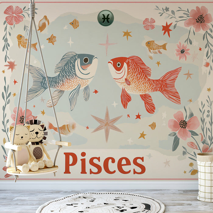 Pisces - Celestial Fish Mural Wallpaper | Dark Blue, Orange, and Cosmic Motifs