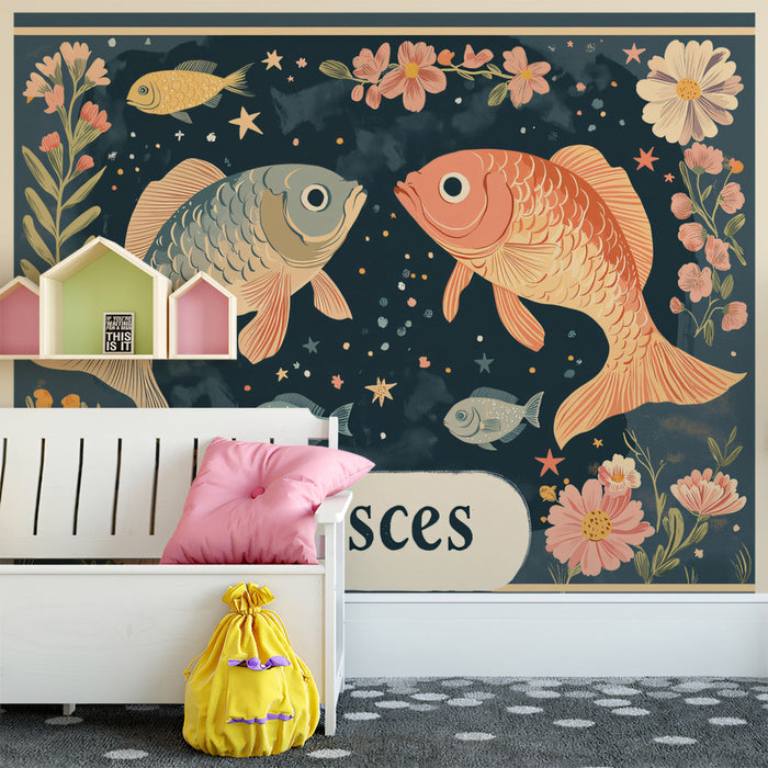 Aquarius - Oceanic Aquarius Mural Wallpaper | Light Blues, Pinks, and Marine Motifs