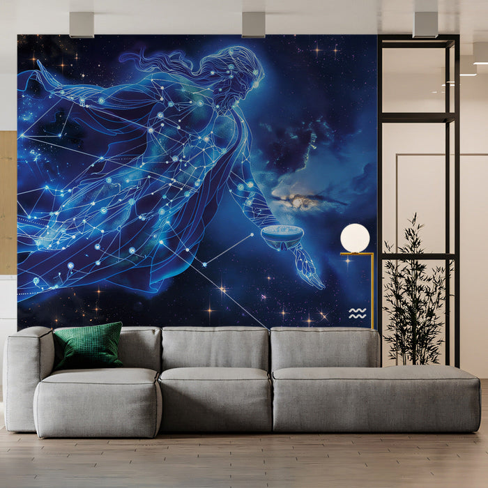 Aquarius - Cosmic Aquarius Mural Wallpaper | Dark Blue, Purple, and Celestial Elements