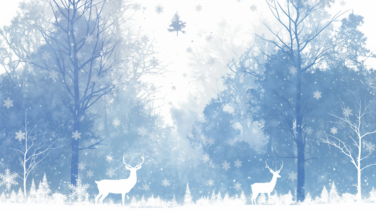 Blaues Winterwald mit Reh Wandbildtapete für ein Kinderzimmer | Blauer, Weißer und Hellblauer Wald -1