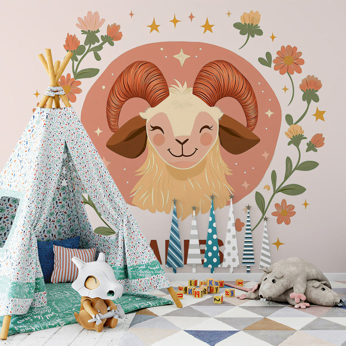 Aries - Cheerful Ram Mural Wallpaper | Soft Pastels, Floral Embellishments