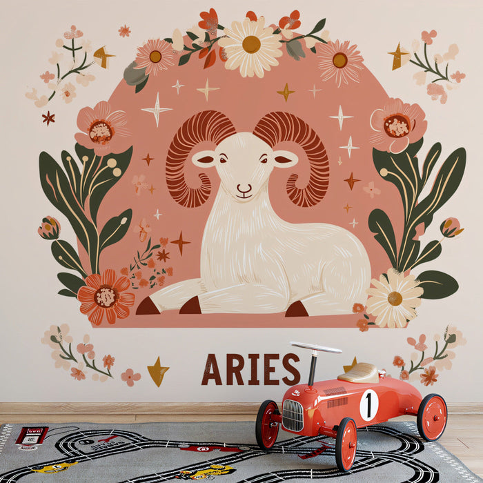 Aries - Cheerful Ram Mural Wallpaper | Soft Pastels, Floral Embellishments