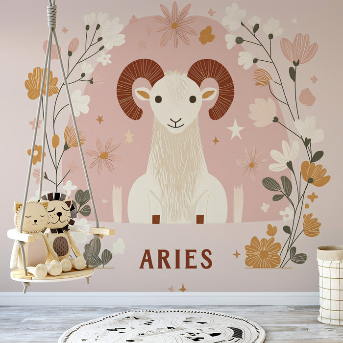 Aries - Cheerful Ram Mural Wallpaper | Soft Pastels, Floral Embellishments